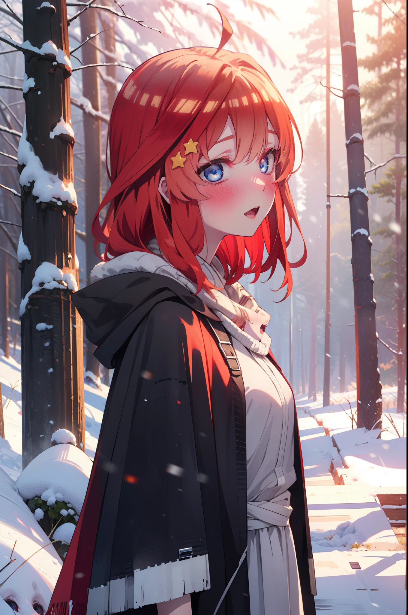 itsukinakano, Itsuki Nakano, bangs, blue eyes, Hair between the eyes, Ahoge, Redhead, star \(symbol\), hair ornaments, star hair ornaments,smile,blush,White Breath,
Open your mouth,snow, fire, Outdoor, boots, snowing, From the side, wood, suitcase, Cape, Blurred, Increase your meals, forest, White handbag, nature,  Squat, Mouth closed, Hooded Cape, winter, Written boundary depth, Black shoes, red Cape break looking at viewer, Upper Body, whole body, break Outdoor, forest, nature, break (masterpiece:1.2), highest quality, High resolution, unity 8k wallpaper, (shape:0.8), (Beautiful and beautiful eyes:1.6), Highly detailed face, Perfect lighting, Highly detailed CG, (Perfect hands, Perfect Anatomy),