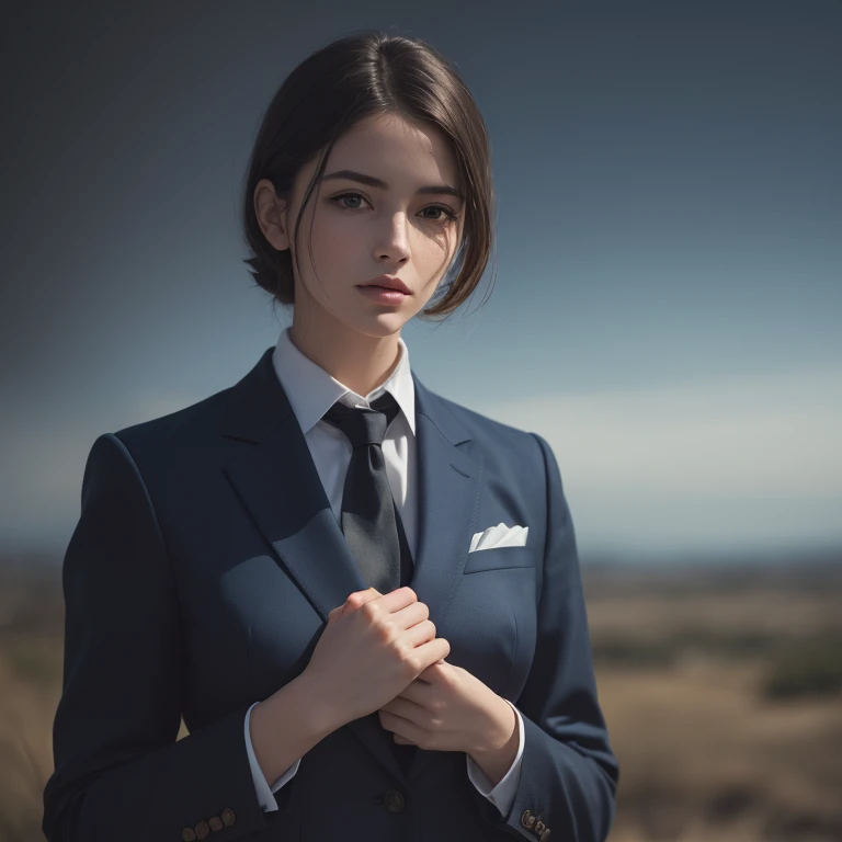 (((medium full shot))), (Masterpiece, photorealistic, photorealism, best quality, ultra-detailed:1.3), (nice hands, perfect hands), official art, cinematic light, beautiful young European woman, adult, Ultra realistic color pencil image of a business woman in a stylish suit with a wide brimmed hat, standing in a torrential rain. Deep dark intense midnight blue misty background, Dark theme, (soft shadows), (soft focus), portrait photography