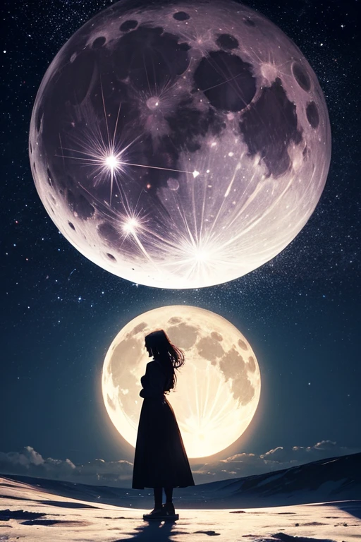 highest quality,Big moon and shadow,A silhouette of a person can be seen against the backdrop of a large moon.,There is one full moon,There is a mood,Beautiful scenery,Starry Sky