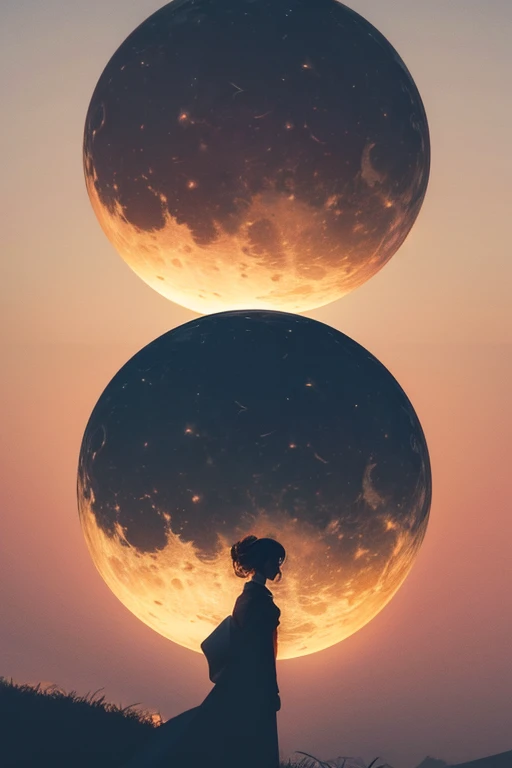 highest quality,Big moon and shadow,A silhouette of a person can be seen against the backdrop of a large moon.,There is one full moon,There is a mood,Beautiful scenery,Starry Sky