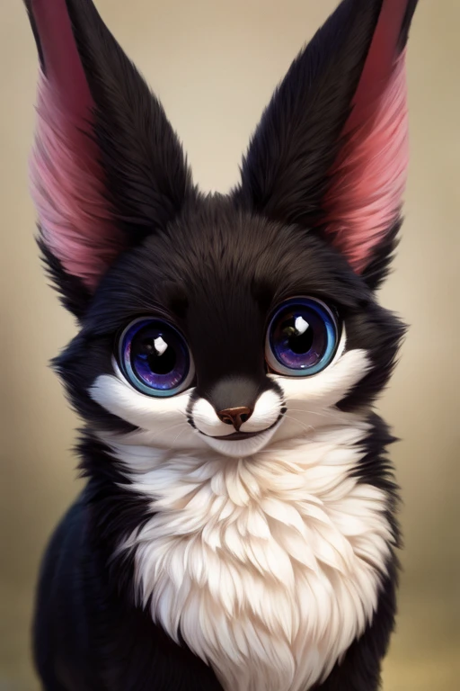 a beautiful animal, black in color,with big eyes,fluffy,long ears,smiling,strong smile,looking at the viewer,