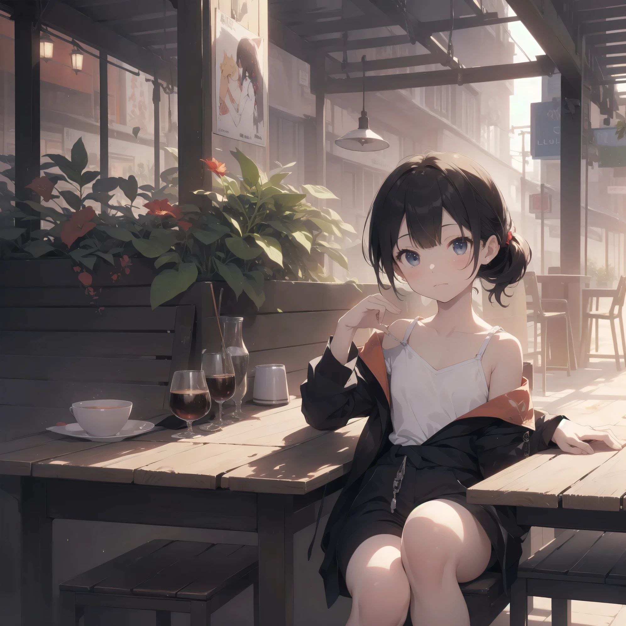 ultra-absurdres-Top quality by artist God, ultra-detailed, high resolution, anime moe artstyle, best anime 8k konachan wallpaper, pixiv contest winner, pool:2810, perfect anatomy,break, 1girl, (Please draw a Cat and girl sitting on bench sleepily. )break,(Solo,dark-skinned female, 10-year-old:1.3),Full limbs, complete fingers,, (short hair, low ponytail), flat chest, , small butt, small black eyes, beautiful detailed eyes, well-proportioned iris and pupils, expressive eyes, highres detailed hair, tank top, bare shoulders, short shorts, (Detailed Lighting), (Detailed background),summer, In store. break,super detailed skin, Best cinematic lighting powered by famous artist, 8k,beauty illustration,photoshop_(medium),very aesthetic,break,((artist:yaegashi_nan )), artist:clamp ,artist:carnelian ,artist:kantoku ,