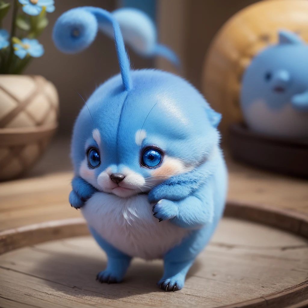 Little cute animals, blue, blue的大眼睛, Round, No body, just a small head, Legs and hands, Beautiful background of solid color.