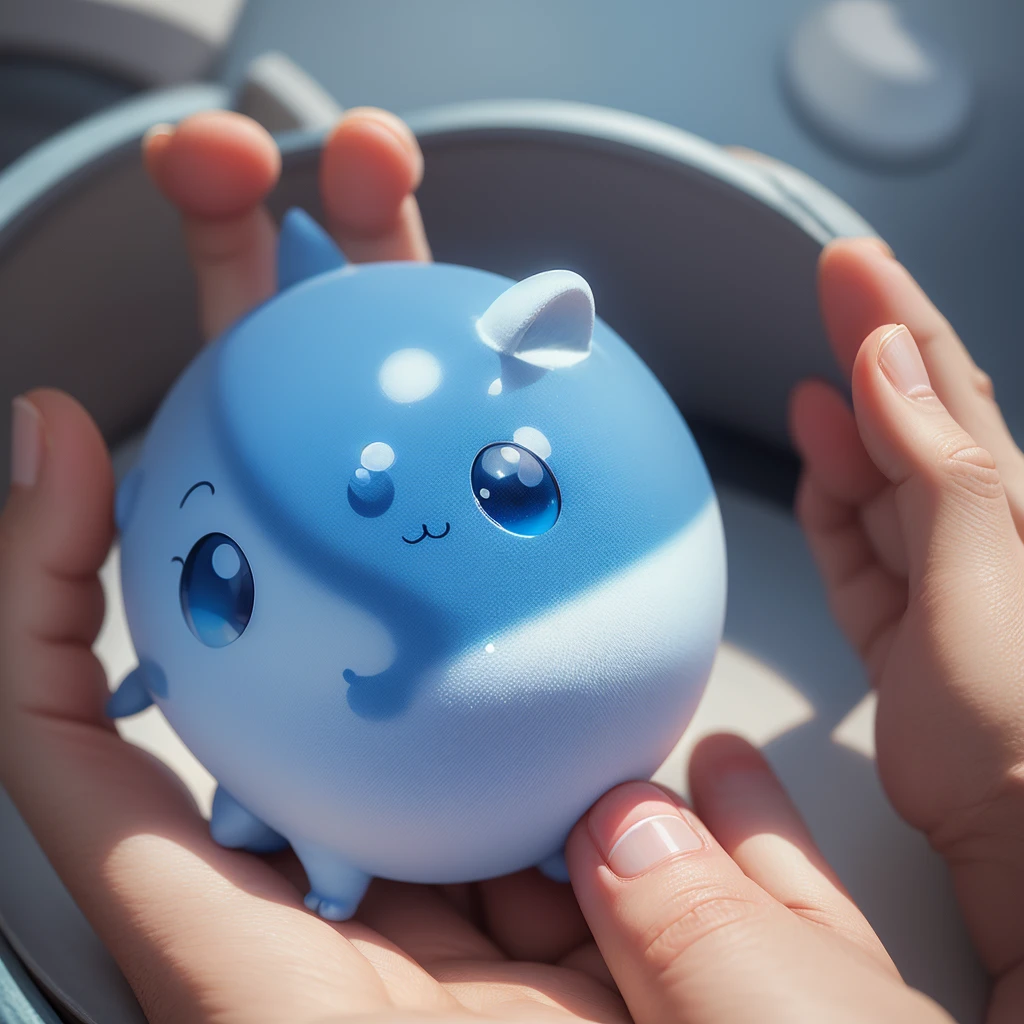 Little cute animals, blue, blue的大眼睛, Round, No body, just a small head, Legs and hands, Beautiful background of solid color.