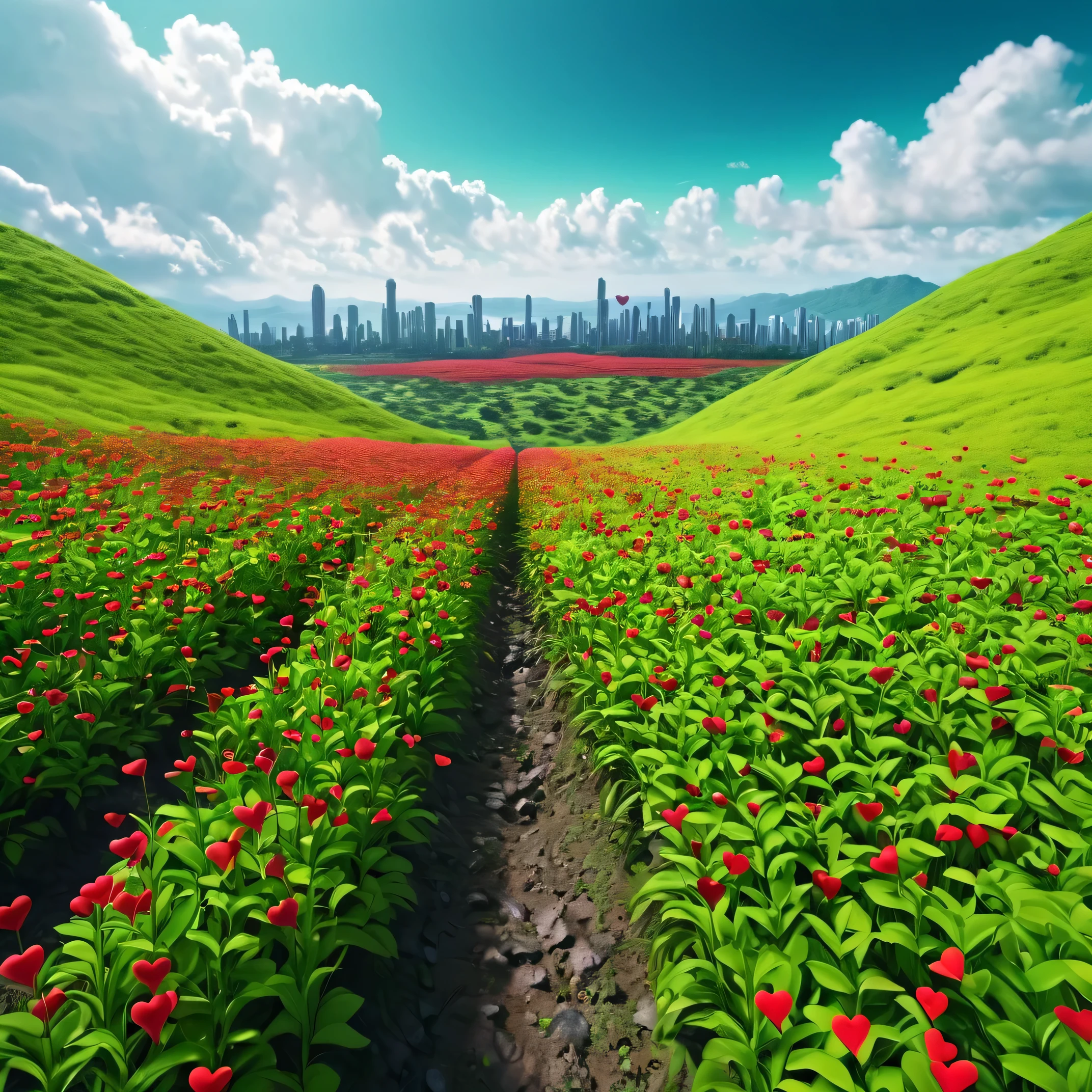 A beautiful matte painting of a huge plantation field of red flowers in the shape of abstract red hearts on long thin stems, the huge plantation is an a green hills inside the plantation, the red heart flowers in the shape abstrat sway gently in the gigantic plantation scene on a sunny day and with white clouds in the sky, a trail close to the ground goes towards a bustling futuristic city in the background of the landscape in 4K and the space car yellow type sci-fi floating and fllies over the trail gos to the city