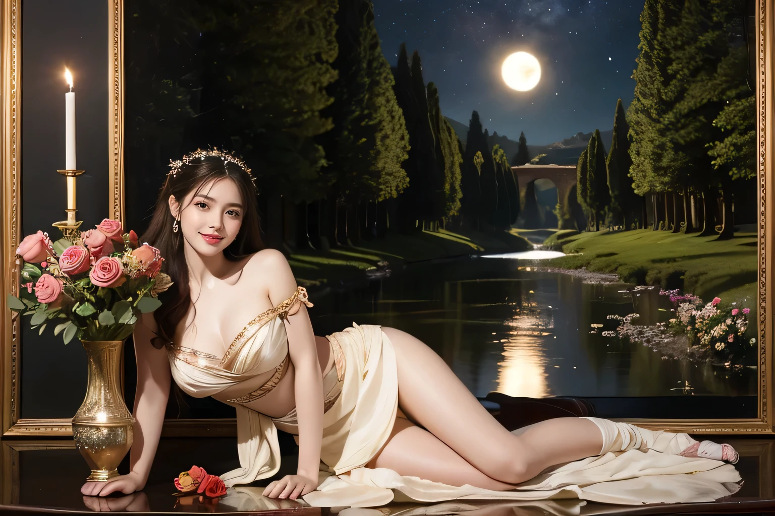 Giorgione painting style,Arguments of two female Philosophe,math、astronomical machine、astronaut、roses in vase、fruits、Cute trinkets、smile、ancient greek costume、Background is a forest lake at night 、Clothes that stretch your shoulders、A big smile、beautiful bare skin、A detailed representation of the seducing woman throughout her body.