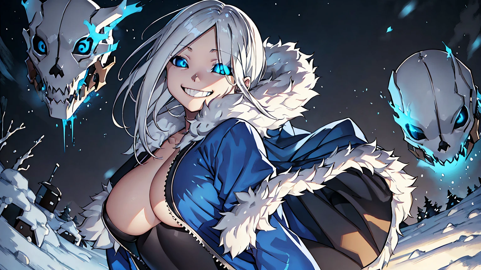 Toby Fox Undertale Sans Blue Jacket ,Fire eyes skull smile white long hair glowing snow town Femininefull big breast breast enlargement full-body shot