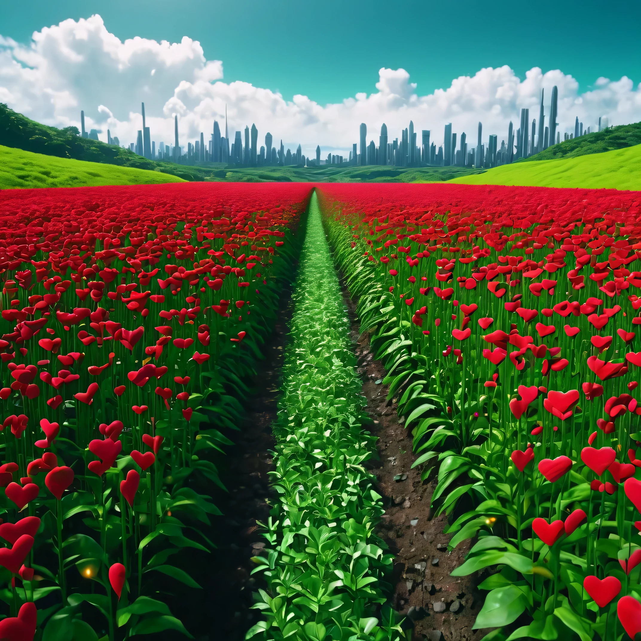 A beautiful matte painting of a huge plantation field of red flowers in the shape of abstract red hearts on long thin stems, the huge plantation is an a green hills inside the plantation, the red heart flowers in the shape abstrat sway gently in the gigantic plantation scene on a sunny day and with white clouds in the sky, a trail close to the ground goes towards a bustling futuristic city in the background of the landscape in 4K and the space car yellow type sci-fi floating and fllies over the trail gos to the city