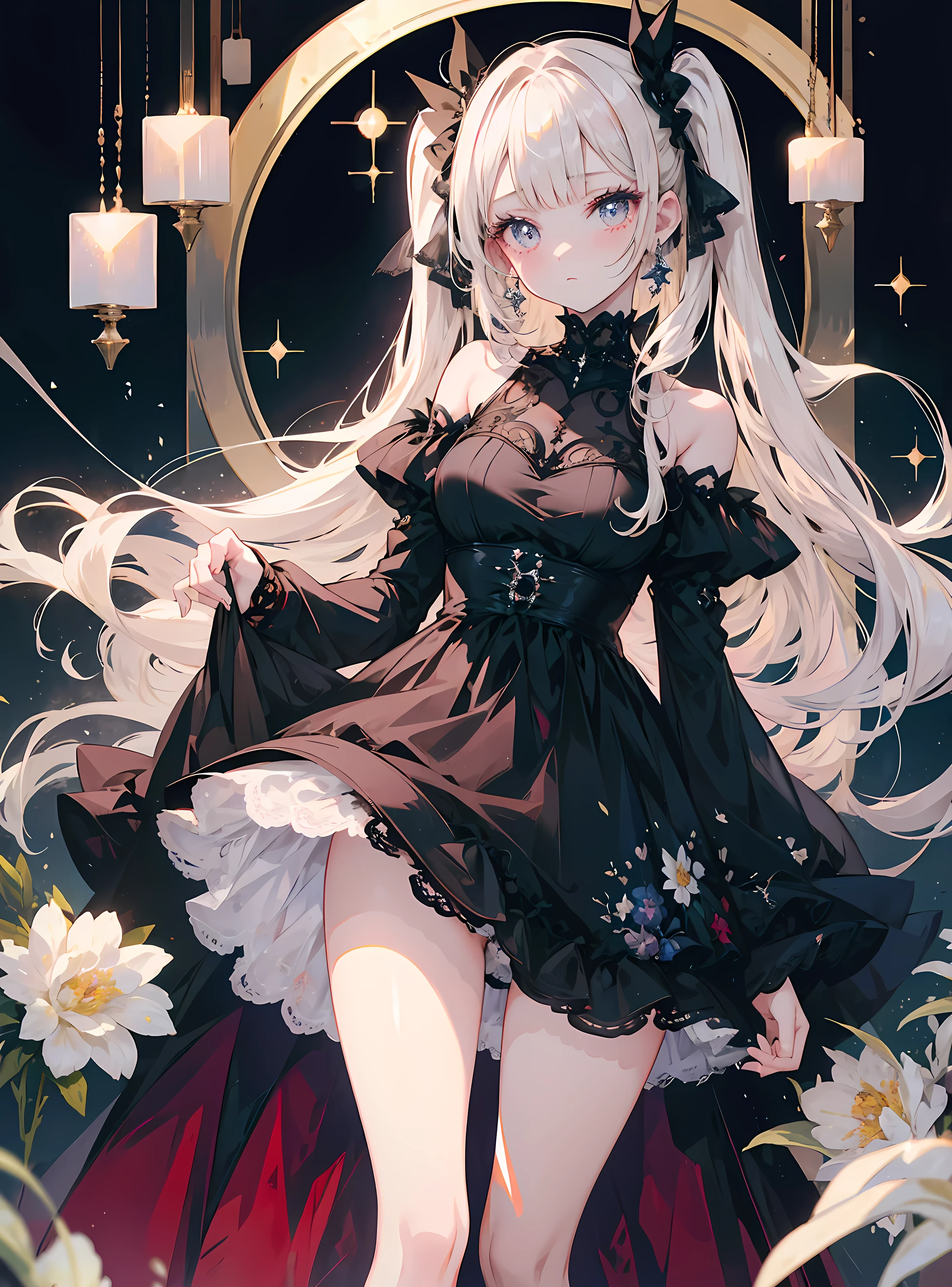 masterpiece, highest quality, High resolution, SA1, Floral off-the-shoulder dress, black stockings, Sparkly eyes, false eyelashes, Platinum Blonde Twin Tails, Cute atmosphere,
