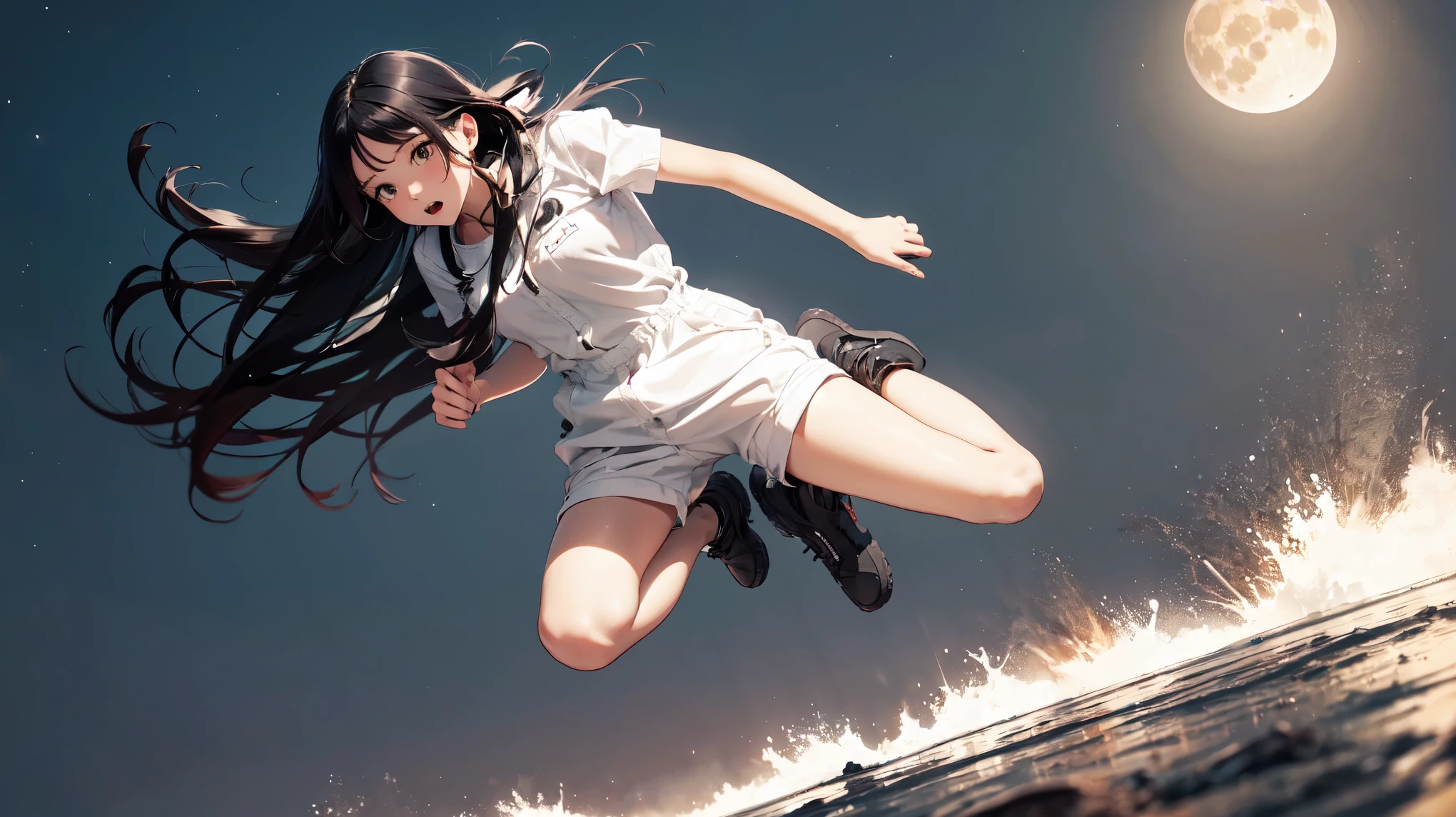 (High Quality)((Long Shot))((Full Shot)) landing on the moon, cool beauty, long black hair, kind expression, jumps high
