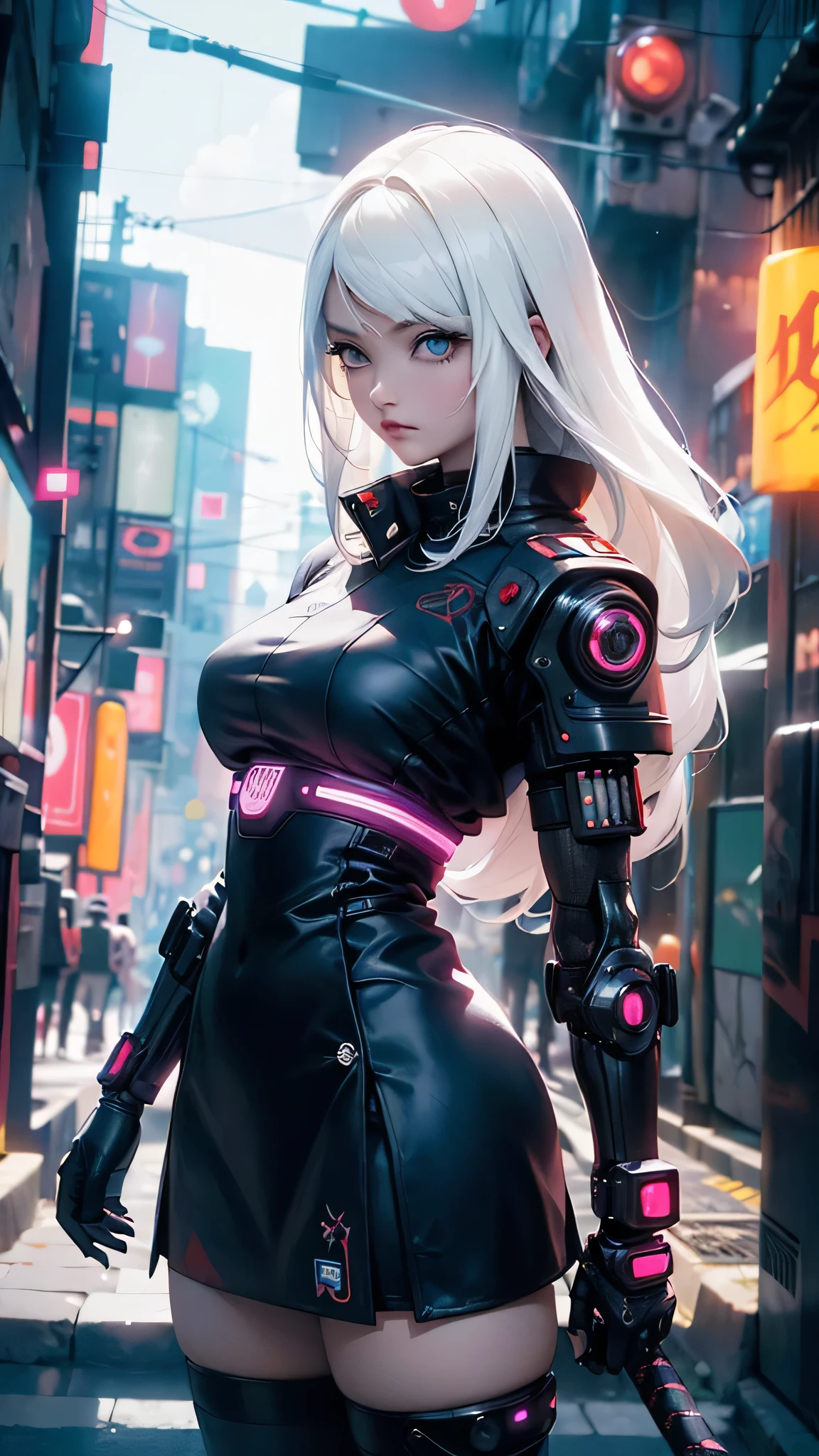 Fondo de pantalla CG Unity 8k altamente detallado, With the highest quality, obra maestra, Realista, fotos realistas, Sharp focus:1.2、Estilo perfecto、 Beautiful 17 year old Japanese girl、 (estatura150Cm)、 (falda blanca 、Media blanca:1.5)、miniskirt secundaria white:1.5), (uniforme de secundaria:1.5)、(cara delgada:1.2)、 (esbelto:1.5)、 (enorme teta:1.4),(largo:1.5), cuerpo completoesbiano, fachada, de pie,solo、,(fondo ciudad Tokio cyberpunkAI colors:1.5) , (cyberpunk Cybersamurai:1.5),