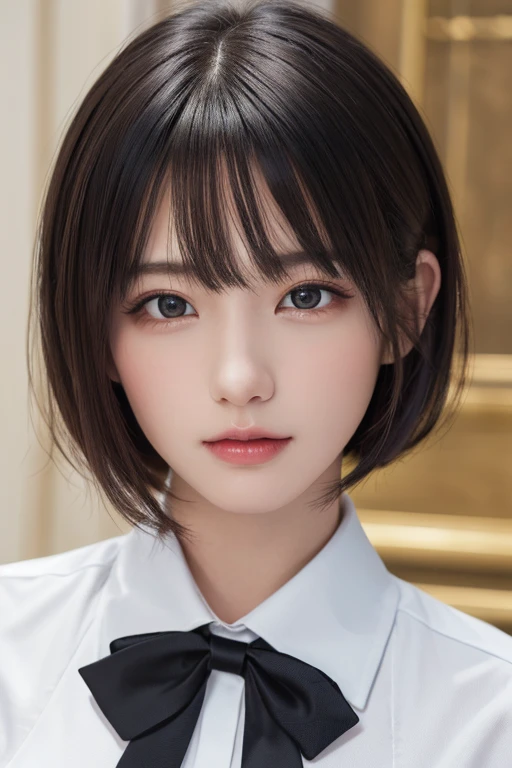 (masterpiece:1.3), (8k, photorealistic, RAW photo, best quality: 1.4), (1girl), beautiful face, (realistic face), (black hair, short hair:1.3), beautiful hairstyle, realistic eyes, beautiful detailed eyes, (realistic skin), beautiful skin, Black cropped blazer,White shirt,Black pants,Black bow tie, absurdres, attractive, ultra high res, ultra realistic, highly detailed, golden ratio、