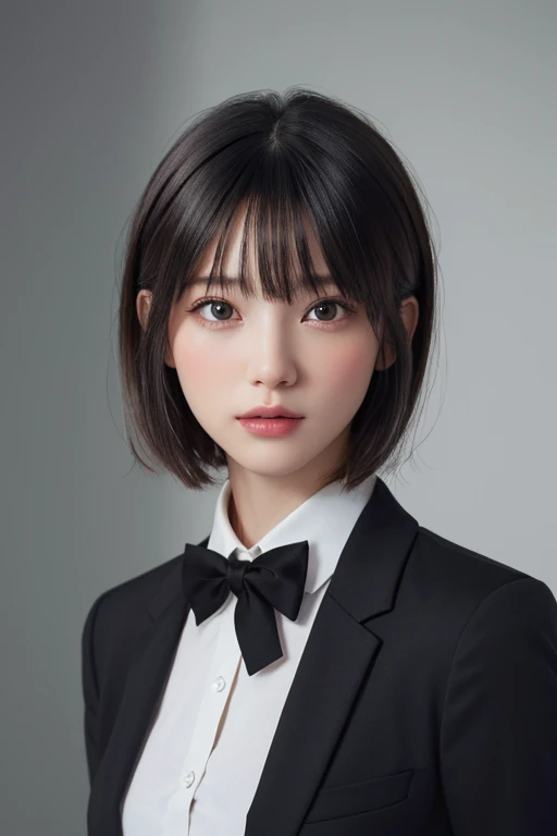 (masterpiece:1.3), (8k, photorealistic, RAW photo, best quality: 1.4), (1girl), beautiful face, (realistic face), (black hair, short hair:1.3), beautiful hairstyle, realistic eyes, beautiful detailed eyes, (realistic skin), beautiful skin, Black cropped blazer,White shirt,Black pants,Black bow tie, absurdres, attractive, ultra high res, ultra realistic, highly detailed, golden ratio、