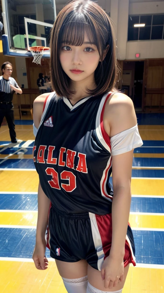 masterpiece, best quality, illustration, Super detailed, fine details, High resolution, 8K,wall paper, perfect dynamic composition,(Details High quality, realistic depiction of eyes:1.3),shiny basketball uniform,large breasts,short bob hair, black hair color, Big Natural Color Lip, bold sexy pose, crying a little、20 year old girl、cute type、beautiful legs, hposing Gravure Idol