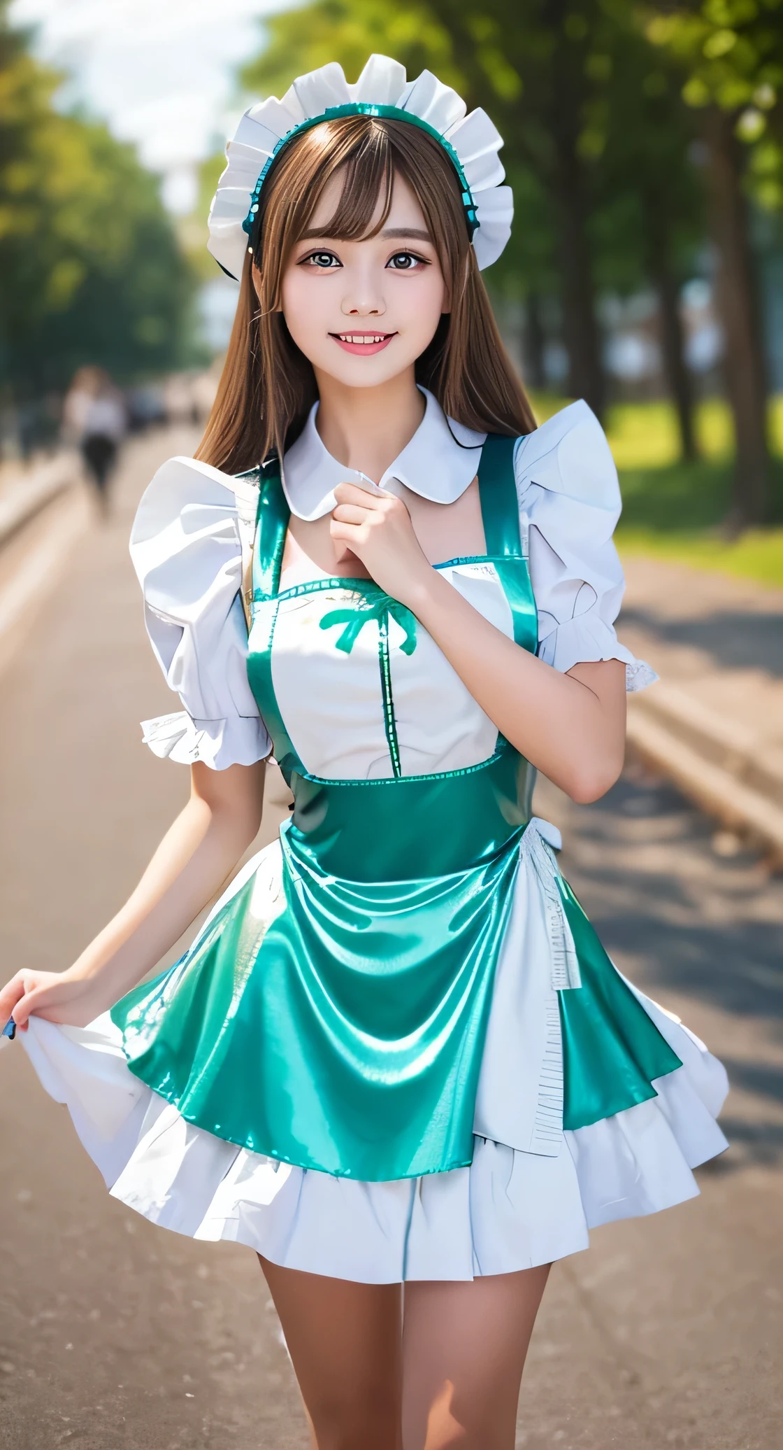 (Very beautiful cute girl), (very cute face:1.2),11 yo, (sparking crystal clear attractive large eyes), best looks, Beautiful detailed eyes, Detailed double eyelids, (smiling), (realistic photograph:1.2), long straight hair, (Super shiny white and metallic green maid costume :1),beautiful apron and skirt, (metallic green Maid costume:1),cowboy shot,in the street