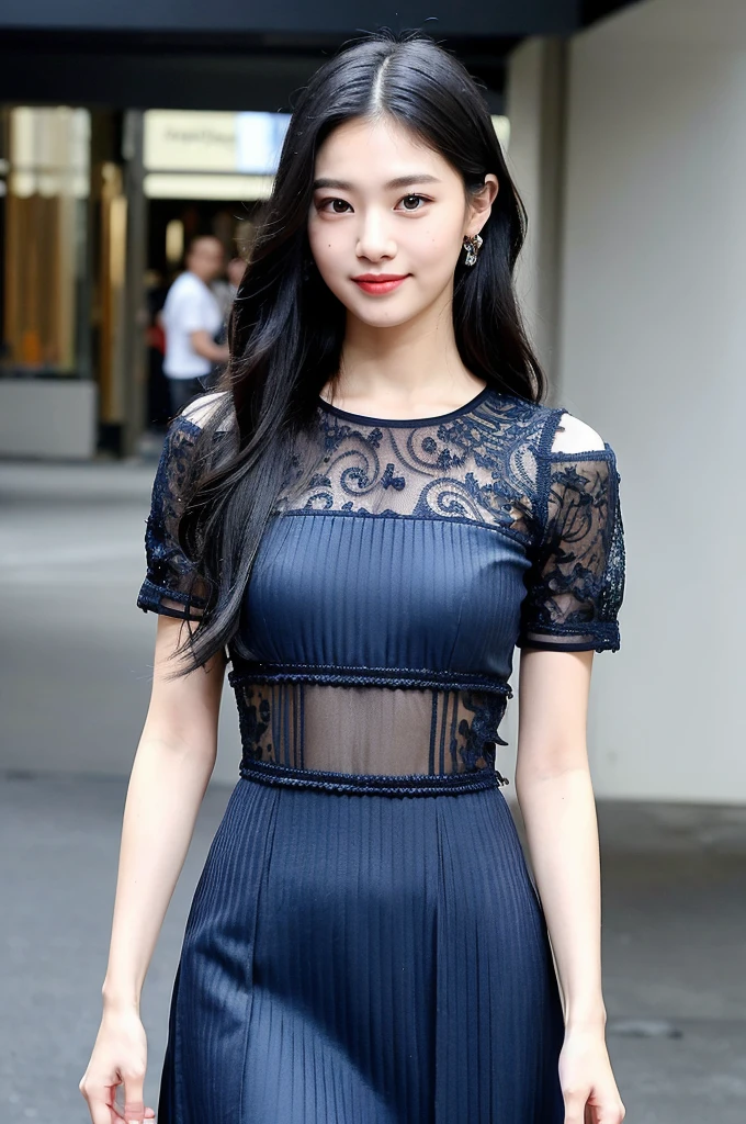 ((highest quality, 8k, masterpiece: 1.3)), 1 girl, smile, Slim face, Beautiful woman, (Blue black hair), Full-length dress: 1.1, Highly detailed face, Fine grain, double eyelid, Blurred Background, Slim face, city, outside, street, Korean women, Curly Hair, Layered Cut, Long Hair