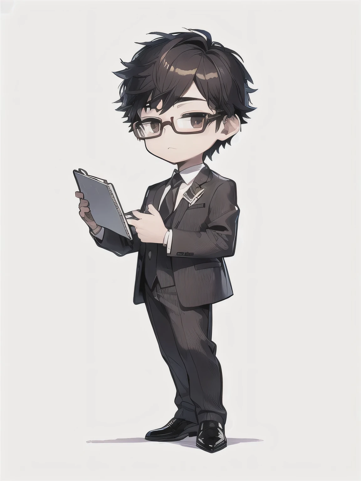 Wearing a suit、wearing glasses、Cartoon boy with a notebook in his hands, Advanced Digital Chibi Art, Wearing suit and glasses, Kentaro Miura's artistic style, Spiritual inspiration from Akihiko Yoshida, Short full-body portrait!, Professional character design, Official Art, fan, nerdy appearance, Official Character Art, anime style character, Official character illustrations, Digital Anime Illustration