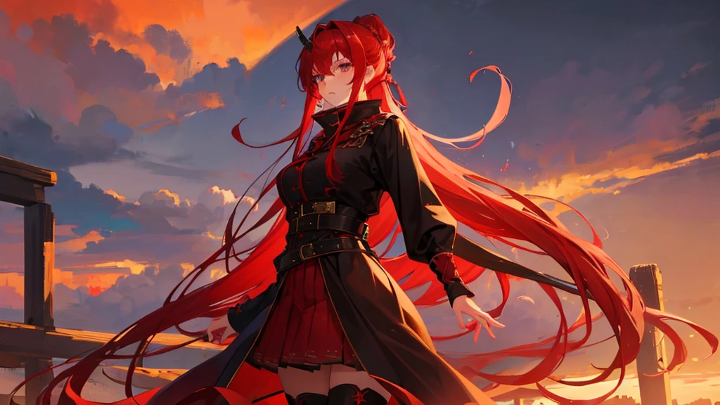 girl with red long hair, hair tied up, eyes upturned, cool girl, red sexy royal clothes, black stockings, 8k resolution, red sky, horn, magic, fantasy, mommy character, hair tied