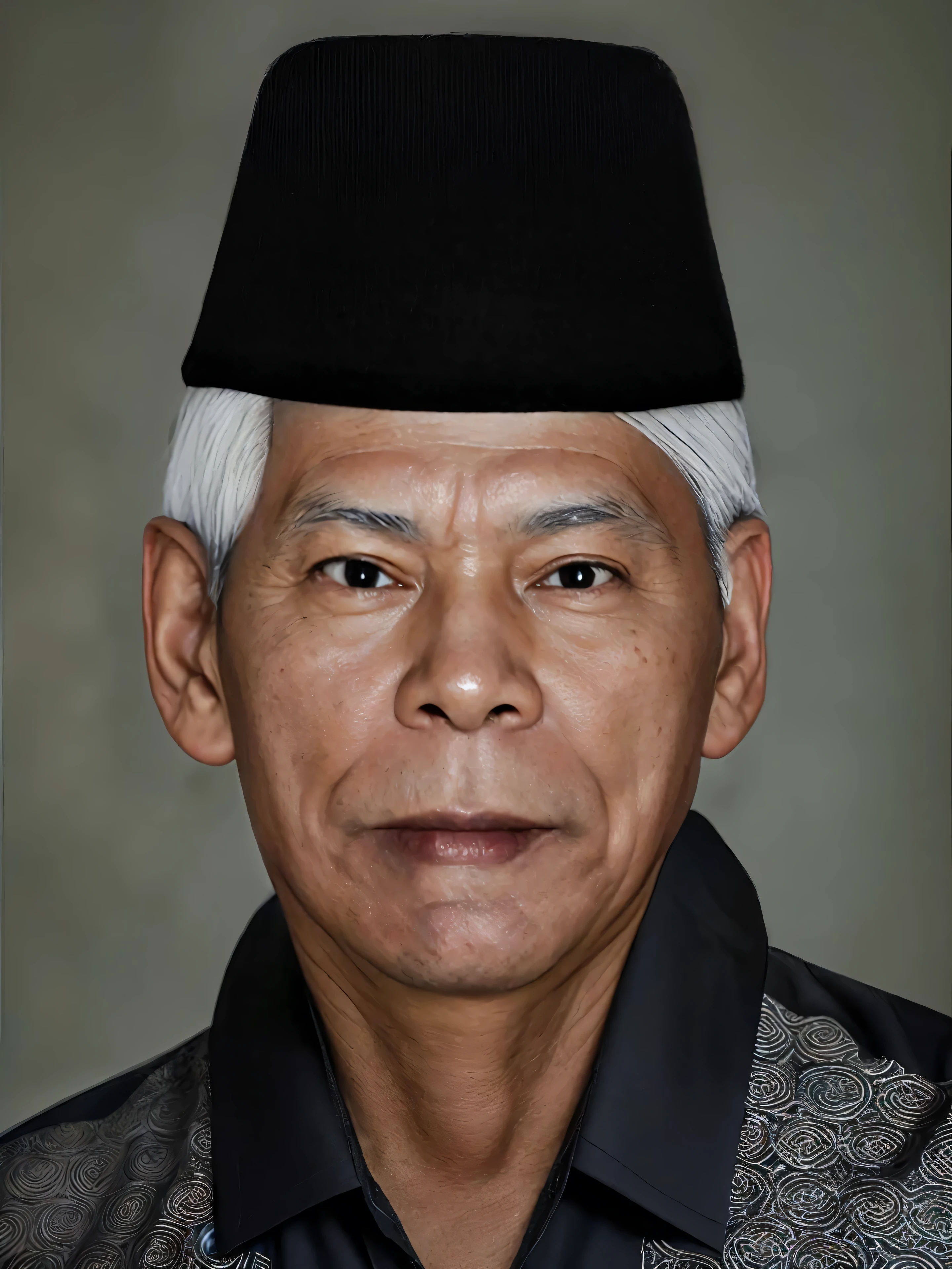 Make this photo look realistic dan detailed, arafed man with a black hat and a black batik shirt, 70 years old man, realistic restored face, realistically rendered face, asian human, south east asian with round face, asian man, very detailed potrait, realistic portrait photo, close up potrait, profile portrait, very detailed face, very realistic face, very perfected face, very detailed clothes, very realistic clothes, very perfected clothes