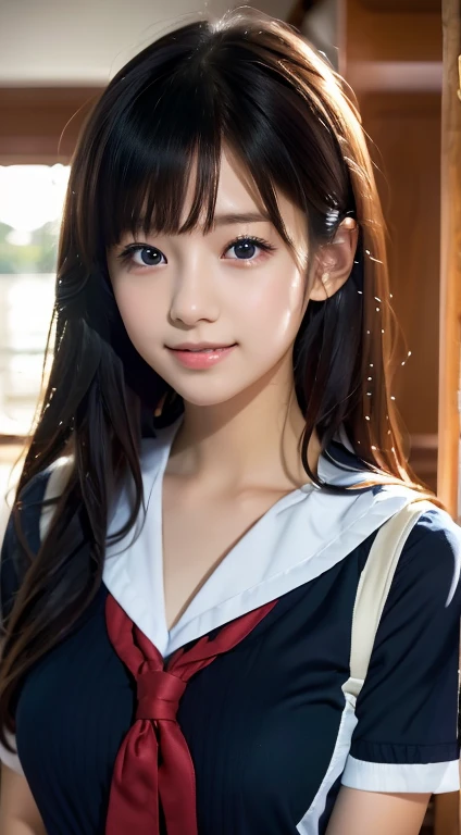 beautiful girl, (highest quality:1.4), (Very detailed), (Very detailed美しい顔), Look forward, 日本のSailor suit, Great face and eyes, iris,Medium Hair, Black Hair, (Sailor suit, school uniform:1.2), Short sleeve,Smooth, Highly detailed CG composite 8k wallpaper, High-resolution RAW color photos, Professional photography, Light, BackLight, dream-like, impressive, Written boundary depth、Japanese Classroom、