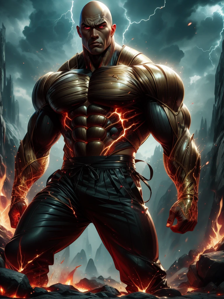 bald man dwayne johnson as Black Adam standing in front of a fire(Aesthetic, Hi-Res: 1.2), Get ready for a visual feast with Vegito 30 years old, solo,glowing lightning on the chest, brilliant tattoos, a creature with a handsome face and piercing golden eyes. In his transformed state, he radiates extreme instinct and power, creating an epic anime about this man of golden energy. See how he manipulates lightning in stunning anime artwork that will blow your mind. This concept art is straight from the Bleach Universe, with manga-style 8k wallpapers that will transport you to another dimension. Get ready to be amazed by this detailed piece of digital anime art, showcasing the ultimate combination of style and power.