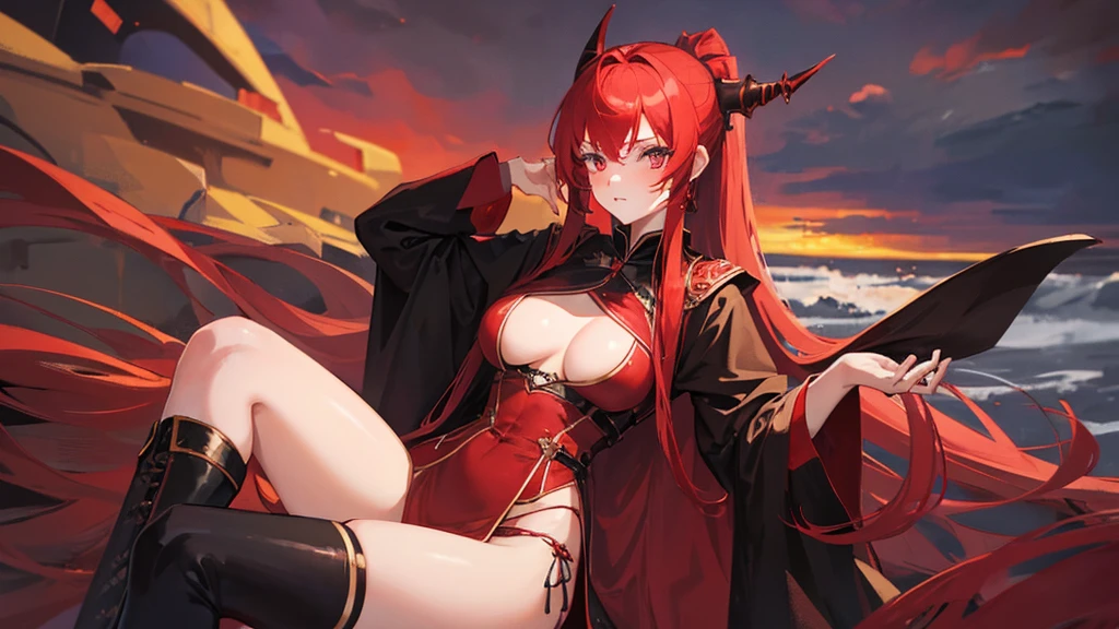 girl with red long hair, hair tied up, eyes upturned, cool girl, red sexy royal clothes, black stockings, 8k resolution, red sky, horn, magic, fantasy, sexy character, hair tied