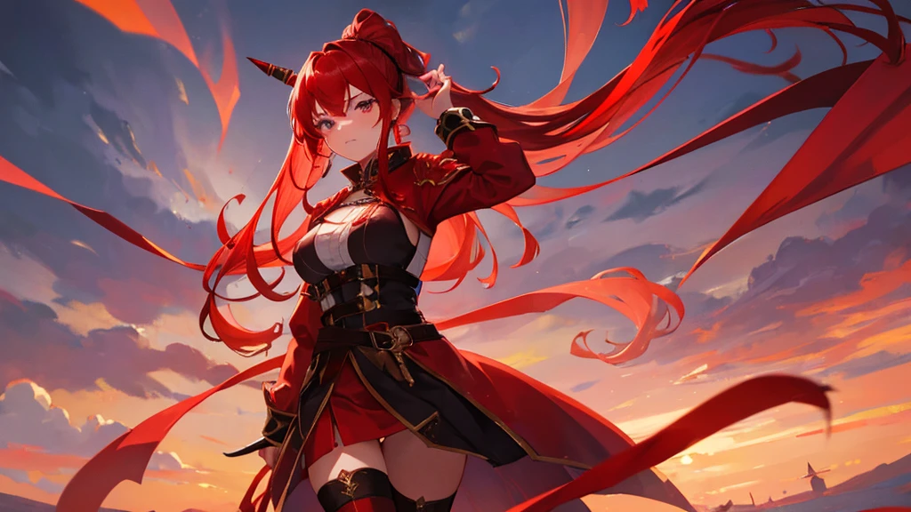 girl with red long hair, hair tied up, eyes upturned, cool girl, red sexy royal clothes, black stockings, 8k resolution, red sky, horn, magic, fantasy, sexy character, hair tied