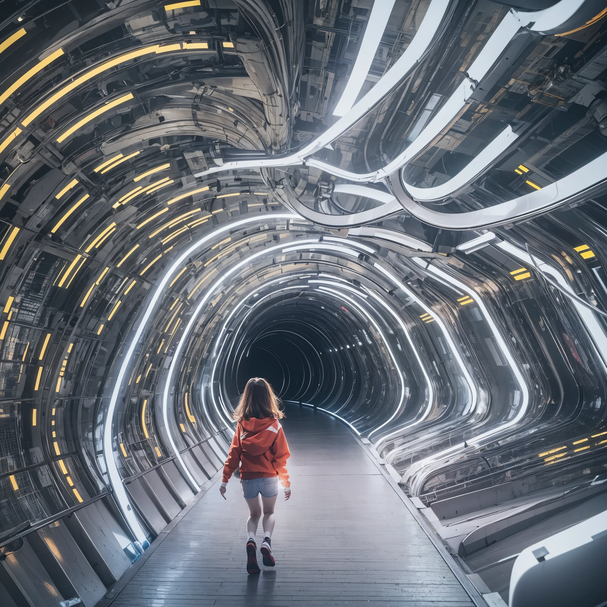 Best quality,masterpiece,16k,In the curved tunnel,Multi-line lighting,Futuristic,Future Technology Tunnel,Complex structure,Girl who ran away,Girl being chased by monster