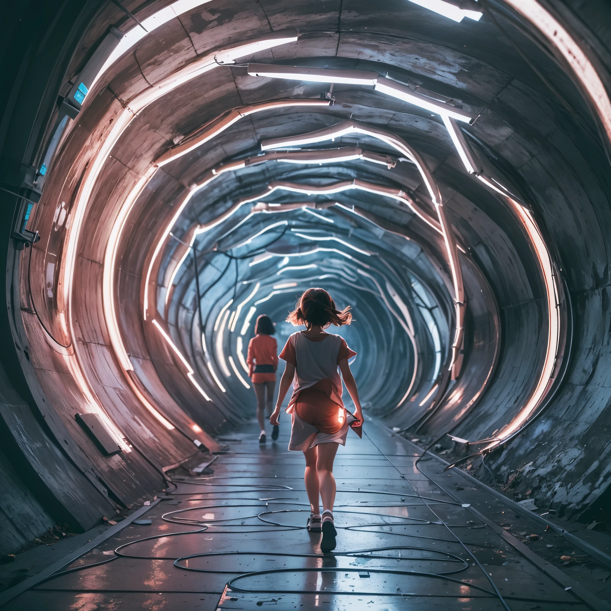 Best quality,masterpiece,16k,In the curved tunnel,Multi-line lighting,Futuristic,Future Technology Tunnel,Complex structure,Girl who ran away,Girl being chased by monster
