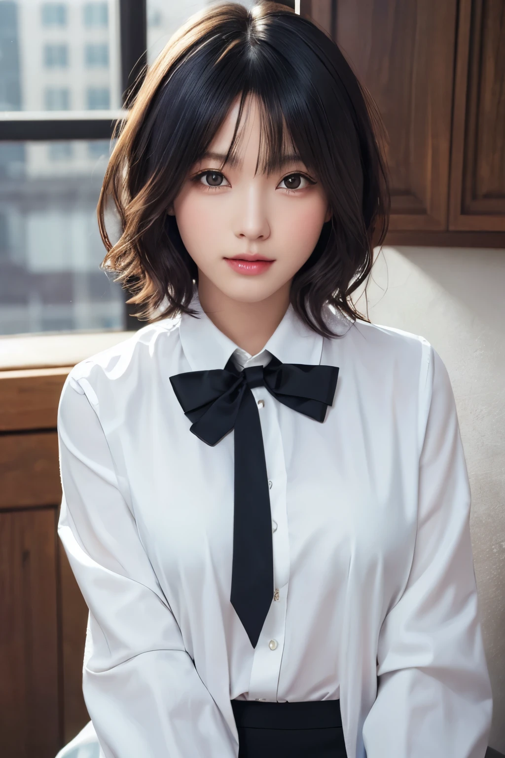 (masterpiece:1.3), (8k, photorealistic, RAW photo, best quality: 1.4), (1girl), beautiful face, (realistic face), (black hair, short hair:1.3), beautiful hairstyle, realistic eyes, beautiful detailed eyes, (realistic skin), beautiful skin, Black cropped blazer,White shirt,Black pants,Black bow tie, absurdres, attractive, ultra high res, ultra realistic, highly detailed, golden ratio、