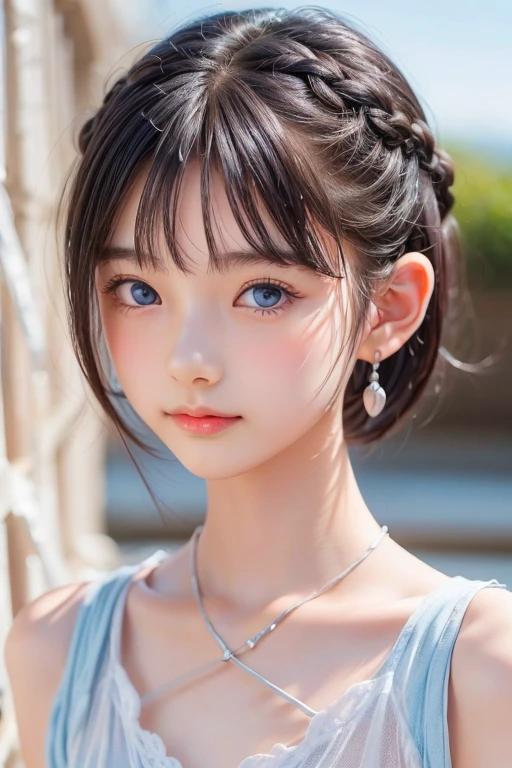 ((SFW: 1.4)), ((Delicate face, Professional photography)), ((SFW, Super short hair, hair on the temples, silver hair, thin braids, clear sky blue eyes, earrings, 1 girl)), Ultra-high resolution, (Practical: 1.4), RAW photos, best quality, (PhotoPractical Stick), focus, Soft Light, ((18 years old)), (( (Young face))), (surface), (Depth of Field), masterpiece, (Practical), Miss, Bangs, ((1 girl))