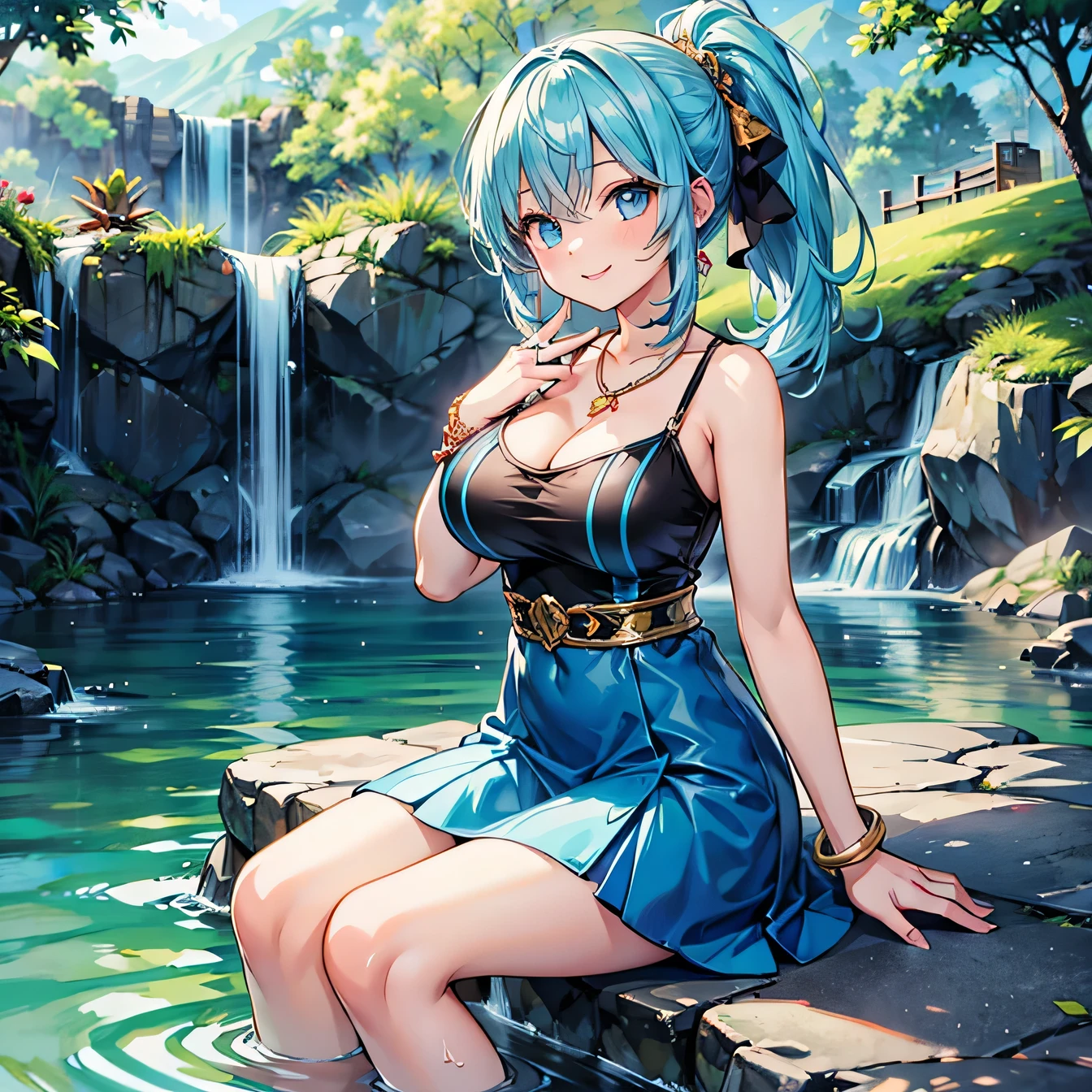 Anime Moe Art Style,highest quality,High resolution,Anatomically correct,One Girl,Mid-s,A girl with light blue hair in a ponytail,Super detailed,Fantasy World,Girlish fashion,Big Breasts,A rich expression,A big smile,Lake with a waterfall,Sitting on a rock,Eyes drawn in detail,hair ornaments,necklace,bracelet,ring,8K