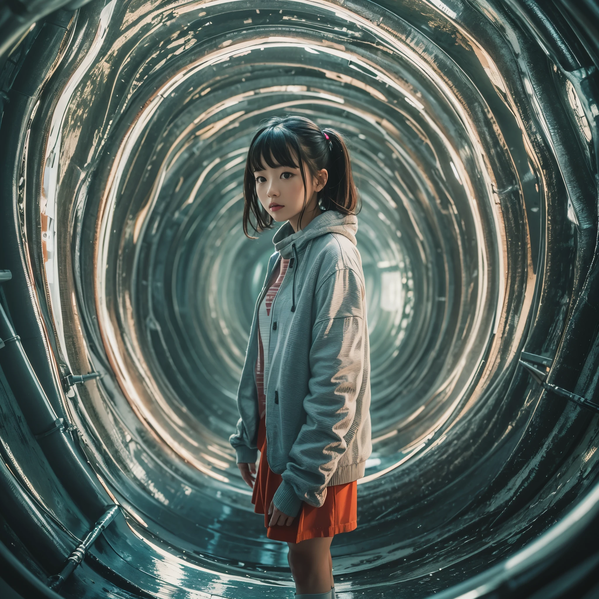 Best quality,masterpiece,16k,In the curved tunnel,Multi-line lighting,Futuristic,Future Technology Tunnel,Complex structure,Girl who ran away,Girl being chased by monster