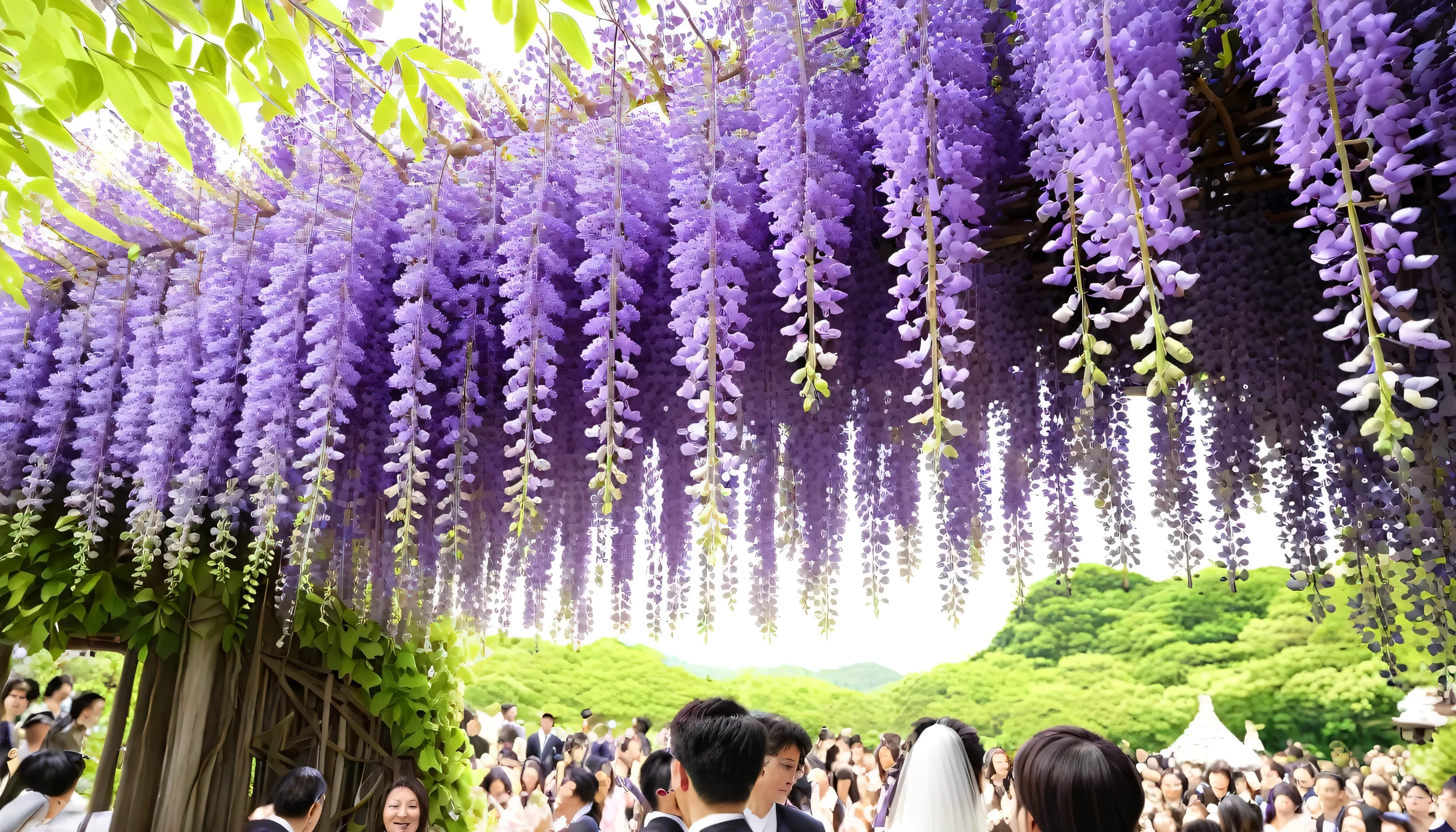 Wisteria flower、noon、Lots of Wisteria flowers、Festivals、Beautiful man、a wedding ceremony、更にLots of Wisteria flowers、bright、sunny