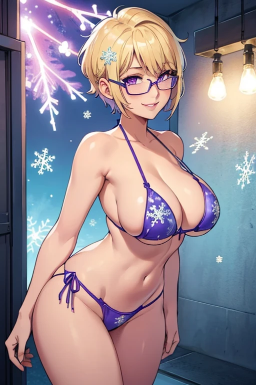 female, blonde short hair with purple trim, purple eyes, robotic, (((1girl))), (((light blue bikini top with snowflakes))), (light blue bikini bottoms with snowflakes), (glasses), cute and sexy, full body, large breasts, large butt, long legs, smiling, back turned