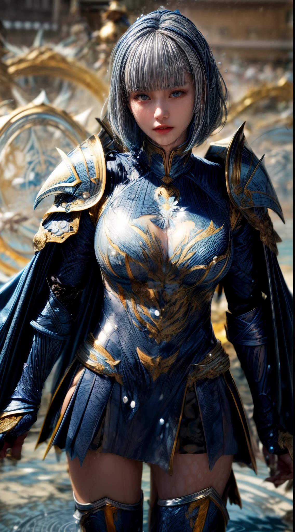 Very beautiful woman、Slender women、(Detailed face)、Realistic Skin、((Water Knight)), ((Navy Blue Armor))、((((Dark blue armor with very intricate and detailed decoration:1.5))))、((Delicate photo)),(Girl Astepeace RAW Photo Details:1.25), (highest quality:1.6), (超A high resolution:1.5), (Realistic:1.75), 8K resolution, Canon EOS R5, 50mm, Absurd, Ultra-detailed,Cinema Lighting,((battlefield))、((battle))、(((White skirt with embellishments)))、Thigh-high socks、Shin Guards、((Light blue hair))、((Bowl cut hairstyle with bangs))、(Six-pack:1.1)、Cape、Beautiful Armor、(((Has a huge weapon)))、(In combat)、The wind is blowing、((Symmetrical Armor))、((((Splash:1.1))))、(((Leading a large group of blue knights:1.2)))、Banner、(Armor with a dragon motif)、(((Battle Scene)))、(((Blue Dragon)))