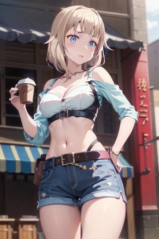 (masterpiece, Best Quality, ultra-detailed, high resolution, extremely detailed CG, official art, Professional Lighting, Perfect Anatomy, anime colors), (from below), looking at viewer, cowboy shot, perfect body, a 24yo beautiful girl, sidelocks, hairband, earrings,medium hips, glamorous body,a small face,beautiful-makeup,Makeup light,dark brown hair, Amazing Cleavage, thin waist, cute ass, Raised sexy, small breast: 1.2 posed cleavage:1.2, (off shoulders,Denimbra,legginullnude), micro denim shorts, bare legs, nail_polish, pale skin, Waiting friend, (morning:1.5), tokyo, (convenience store:1.3), outdoor, (depth of field:1.3), contrapposto, (Hold a coffee in your hand:1.3),delicate beautiful face, Bright blue eyes, cute eyes, sparkling eyes, Big eyes, (perky chest:1.1), (pointed chest:1.3), looking at viewer,