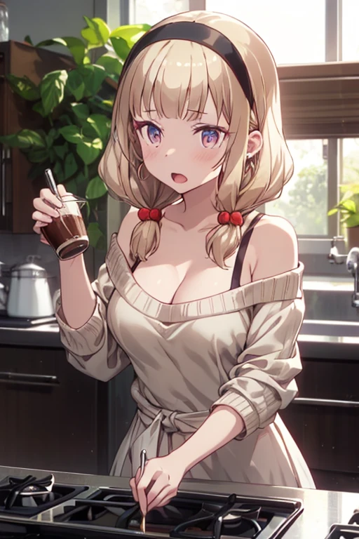 masterpiece, yor, 1girl, Amazing Cleavage:1.3, thin waist, big ass, Raised sexy, medium breast: 1.8 posed cleavage:1.2、solo, looking at viewer, open mouth, have a cup of coffee,black hair, red eyes, dress, bare shoulders, jewelry, collarbone, sidelocks, hairband, earrings, indoors, off shoulder, :o, sweater, arms behind back, plant, short hair with long locks, white hairband, off-shoulder dress, sweater dress, off-shoulder sweater, red sweater, big side hair, very long side hair,is rendered in (masterpiece: 1.2, best quality), with (ultra high resolution) and an exquisite (depth of field). This masterpiece is not only visually stunning but also tells, teach of cooking ,in the kitchen