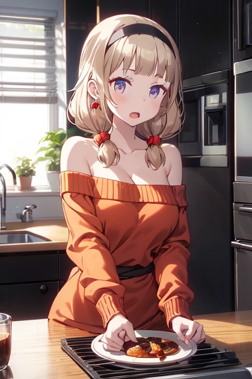 masterpiece, yor, 1girl, Amazing Cleavage:1.3, thin waist, big ass, Raised sexy, medium breast: 1.8 posed cleavage:1.2、solo, looking at viewer, open mouth, have a cup of coffee,black hair, red eyes, dress, bare shoulders, jewelry, collarbone, sidelocks, hairband, earrings, indoors, off shoulder, :o, sweater, arms behind back, plant, short hair with long locks, white hairband, off-shoulder dress, sweater dress, off-shoulder sweater, red sweater, big side hair, very long side hair,is rendered in (masterpiece: 1.2, best quality), with (ultra high resolution) and an exquisite (depth of field). This masterpiece is not only visually stunning but also tells, teach of cooking ,in the kitchen