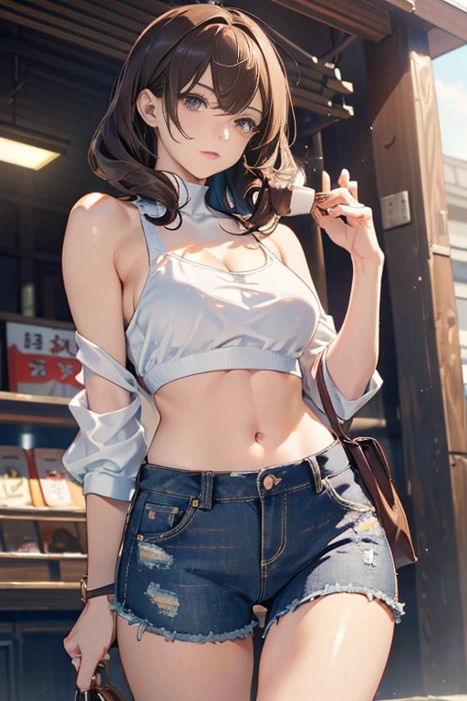 (masterpiece, Best Quality, ultra-detailed, high resolution, extremely detailed CG, official art, Professional Lighting, Perfect Anatomy, anime colors), (from below), looking at viewer, cowboy shot, perfect body, 24yo beautiful 1girl, medium hips, glamorous body,a small face,beautiful-makeup,Makeup light,Shortcut Hair,dark brown hair、Bust b Cup, Amazing Cleavage, thin waist, big ass, Raised sexy, big breast: 1.2 posed cleavage:1.2, (off shoulders,Sportsbra,legginullnude), micro denim shorts, bare legs, nail_polish, pale skin, Waiting friend, (morning:1.5), tokyo, (convenience store:1.3), outdoor, (depth of field:1.3), contrapposto, (Hold a coffee in your hand:1.3),delicate beautiful face, Bright magenta eyes, cute eyes, sparkling eyes, Big eyes, (big breasts:1.3), (perky chest:1.1), (pointed chest:1.3), looking at viewer, 