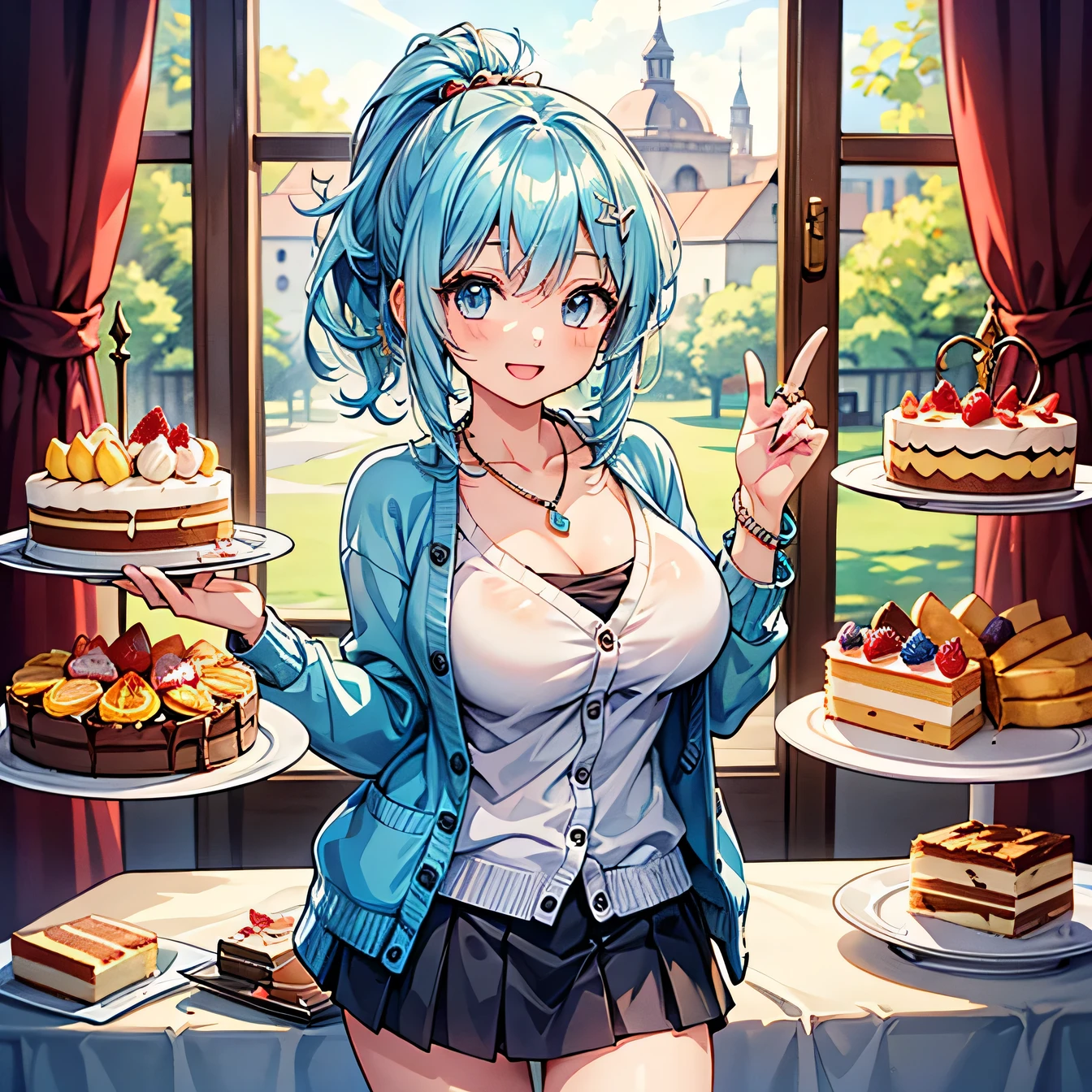 Anime Moe Art Style,highest quality,High resolution,Anatomically correct,One Girl,Mid-teens,A girl with light blue hair in a ponytail,Super detailed,Fantasy World,cardigan,mini skirt,Big Breasts,A rich expression,A big smile,Cake Buffet,Eyes drawn in detail,hair ornaments,necklace,bracelet,ring,8K