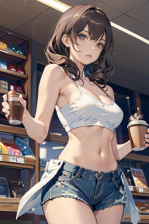 (masterpiece, Best Quality, ultra-detailed, high resolution, extremely detailed CG, official art, Professional Lighting, Perfect Anatomy, anime colors), (from below), looking at viewer, cowboy shot, perfect body, 24yo beautiful 1girl, medium hips, glamorous body,a small face,beautiful-makeup,Makeup light,Shortcut Hair,dark brown hair、Bust b Cup, Amazing Cleavage, thin waist, big ass, Raised sexy, big breast: 1.2 posed cleavage:1.2, (off shoulders,Sportsbra,legginullnude), micro denim shorts, bare legs, nail_polish, pale skin, Waiting friend, (morning:1.5), tokyo, (convenience store:1.3), outdoor, (depth of field:1.3), contrapposto, (Hold a coffee in your hand:1.3),delicate beautiful face, Bright magenta eyes, cute eyes, sparkling eyes, Big eyes, (big breasts:1.3), (perky chest:1.1), (pointed chest:1.3), looking at viewer, 