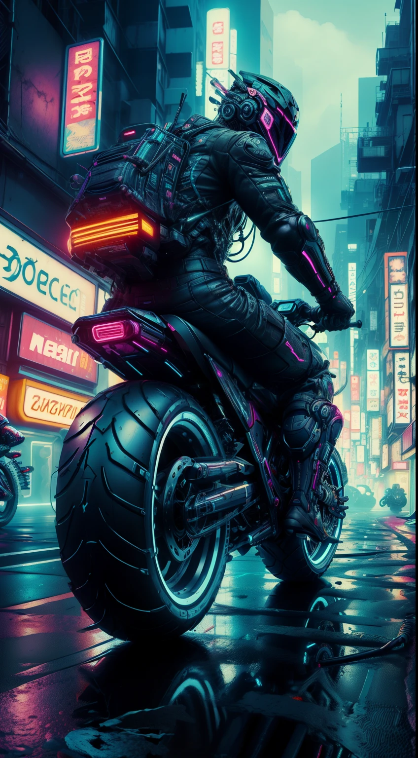 CyberpunkWorld scrambler motorbike, colorful, cyberpunk style, neon lights, dark mood, high contrast, (Masterpiece:1.3) (best quality:1.2) (high quality:1.1)