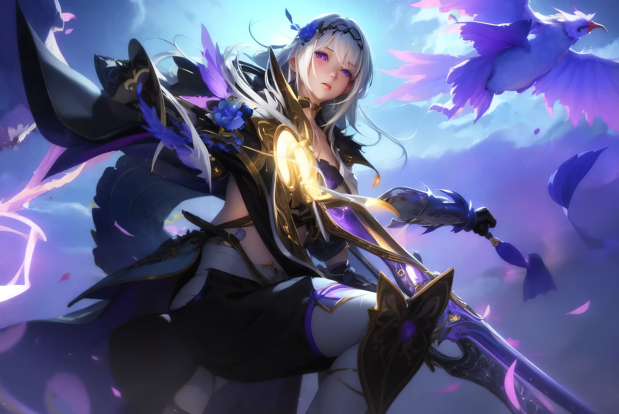 realistic, 1girl, white hair, purple eyes, glowing eyes, crop top, skirt, parted lips, blush, night, flowers, sun, sunlight,