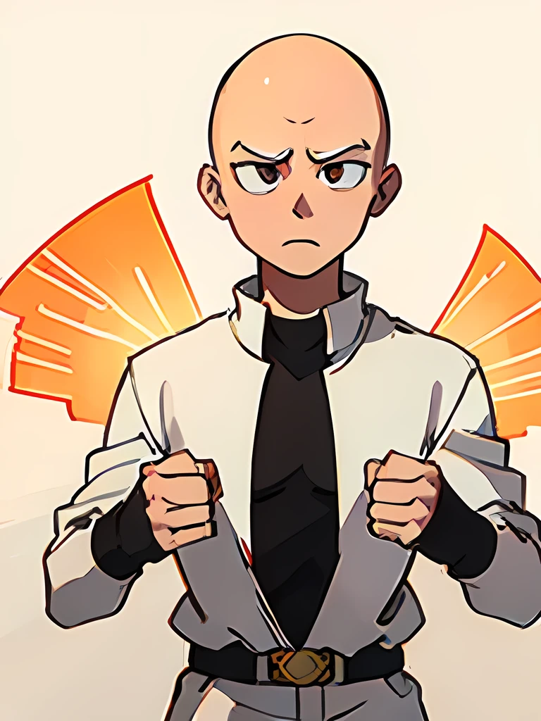 Saitama holds a trophy in his hand while raising it upwards