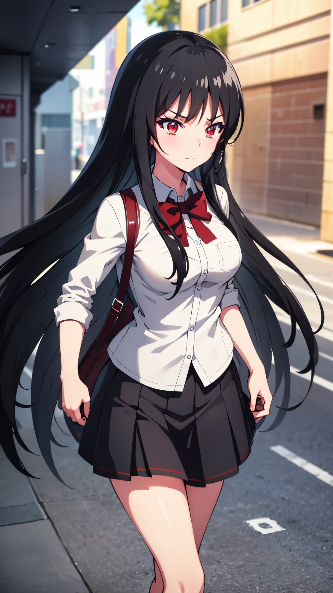 Anime Style,Black Hair,bonde hair,Long hair,Red Eyes,White ,Black long skirt,medium breasts,School girl,anime girl,school background day,Operations,HD