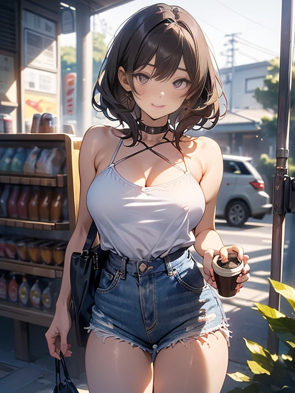 (masterpiece, Best Quality, ultra-detailed, high resolution, extremely detailed CG, official art, Professional Lighting, Perfect Anatomy, anime colors), (from below), looking at viewer, cowboy shot, perfect body, 24yo beautiful 1girl, medium hips, glamorous body,a small face,beautiful-makeup,Makeup light,Shortcut Hair,dark brown hair、Bust b Cup, Amazing Cleavage, thin waist, big ass, Raised sexy, big breast: 1.2 posed cleavage:1.2, (off shoulders,Sportsbra,legginullnude), micro denim shorts, bare legs, nail_polish, pale skin, Waiting friend, (morning:1.5), tokyo, (convenience store:1.3), outdoor, (depth of field:1.3), contrapposto, (Hold a coffee in your hand:1.3),delicate beautiful face, Bright magenta eyes, cute eyes, sparkling eyes, Big eyes, (big breasts:1.3), (perky chest:1.1), (pointed chest:1.3), looking at viewer, 