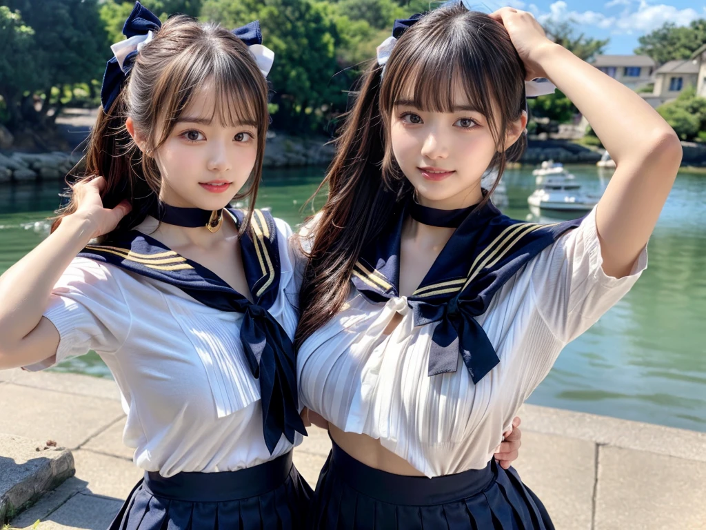 (((very heavy chest))),NSFW, 16k raw photos, highest quality, masterpiece, ultra high resolution, ((She is wearing Beautiful exposed redShe is wearing (a high school sailor uniform).
(navy sailor collar:1.4),(white shirt:1.4),(navy pleats skirt:1.4),(navy bow:1.4))).movie, ((2 girls, , 2 schoolgirls)),((attractive expression)),eyes shine、 looking at the viewer, natural skin texture very heavy chest))),((( metal black ribbon around the neck))).star handle mold、((yellow eyes)),Realistic eye and face details, lip whole, lipstick makeup), fluffy ponytail hair, laughter, Beautiful feet, tall woman, ((glowing skin)),((Beautiful armpit)), slim_feet, huge breasts, cleavage, beautiful natural places, beautiful flower garden、(detailed background,highly exposed, huge breasts, blurred background,, JK ribbon on the neck, jk ribbon, golden hair, bracelet, water, bangs, split your lips、armpit、beautiful hip line、glowing skin、(((eyes shine brightly))),lotion skin、High leg、((black hair)),highly exposed、Skimpy pink luxury fur coat、beautiful sea background、wind effect、