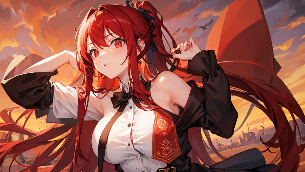girl with red long hair, hair tied up, eyes upturned, cool girl, red school royal clothes, royal school, black stocking, 8k resolution, red sky, fantasy, sexy character, hair tied