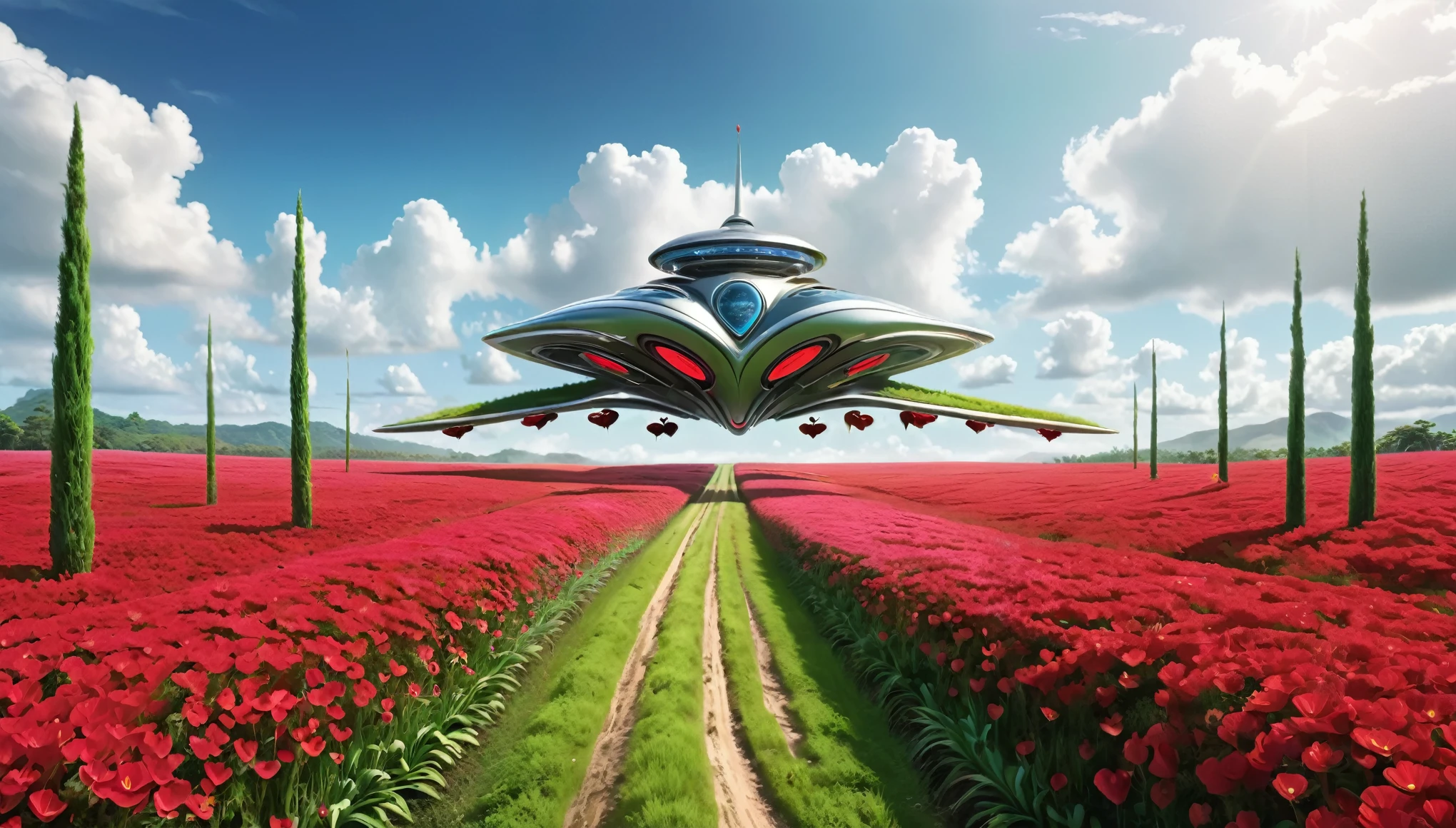 A beautiful matte painting of a huge plantation field of red flowers in the shape of abstract red hearts on long thin stems, the huge plantation is an a green hills inside the plantation, the red heart flowers in the shape abstrat sway gently in the gigantic plantation scene on a sunny day and with white clouds in the sky, a trail close to the ground goes towards a bustling futuristic city in the background of the landscape in 4K A futuristic flying car flies over the narrow path in the middle of the large plantation, the car of the future floats at speed shading the ground and sweeping the flowers across the blue sky